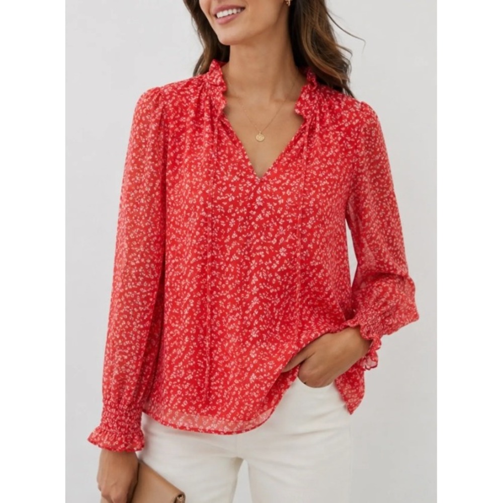 LOFT Floral Blouse XL Red Ruffle Tie Neck Smocked Cuff Chiffon Feminine